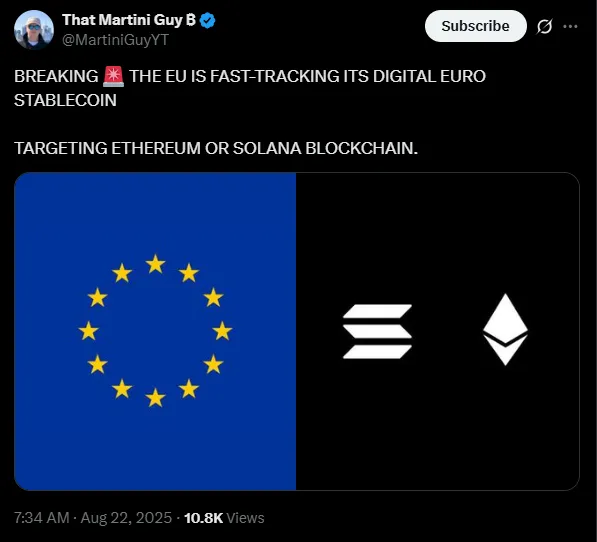 The EU is weighing Etheruem and Solana for its stablecoin plans | Source: X