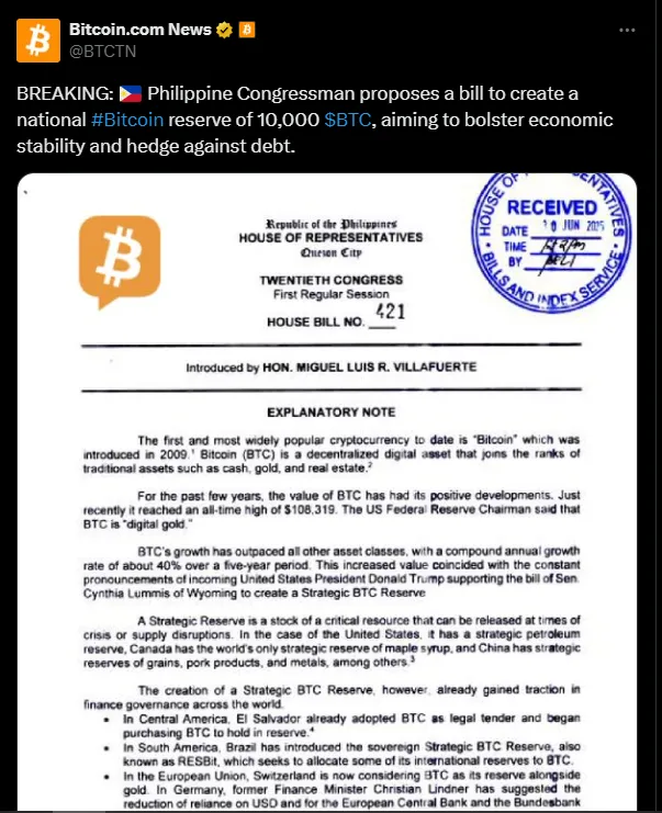 Congress in the Philippines propose a bill to create a national Bitcoin reserve | Source: X