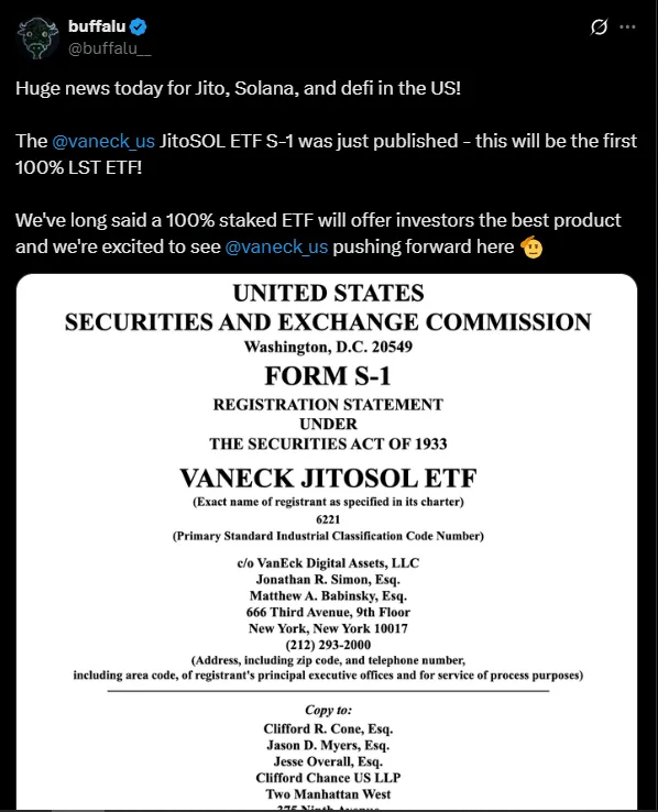 VanEck files for JitoSOL ETF | Source: X