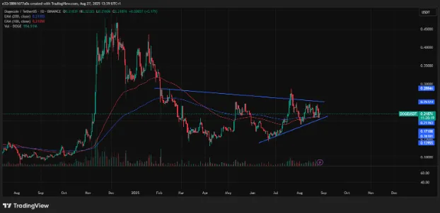 Dogecoin is currently trading within a rising wedge pattern | Source: TradingView
